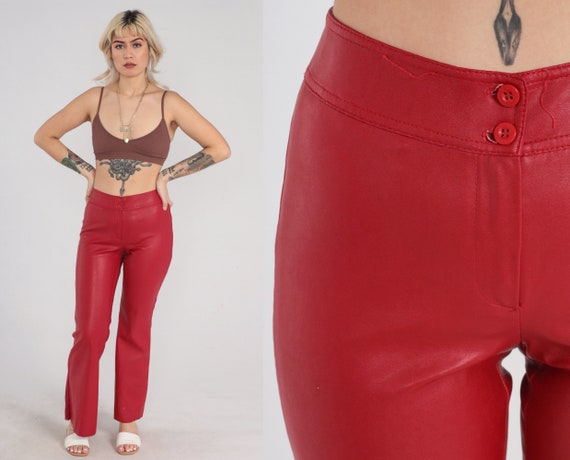 Red Vinyl Pants 90s Bell Bottom Pants Flared Trousers Mid Rise