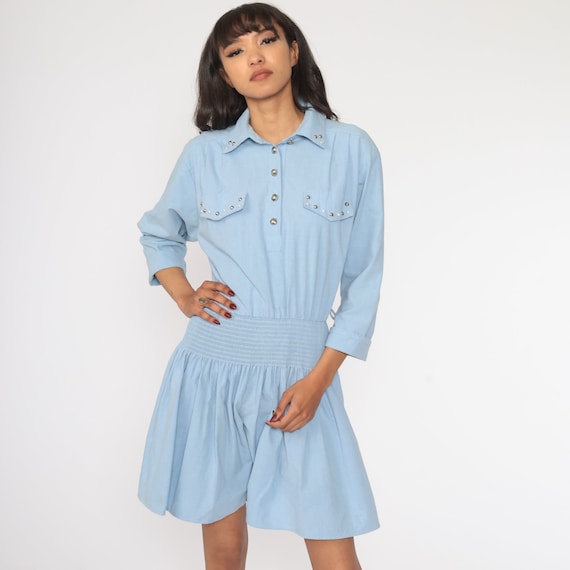 80s Mini Dress Studded Dress Blue High Waisted Dress Western Button Up Plain Dress Long Sleeve Vintage 1980s Minidress Retro Medium