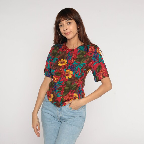 Red Floral Blouse 90s Button up Top Short Sleeve Flower Print Shirt Retro Bohemian Hippie Fitted Summer Blouse Vintage 1990s Rayon Small S