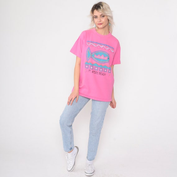 90s Fort Myers Beach T-Shirt Hot Pink Tropical Fi… - image 3