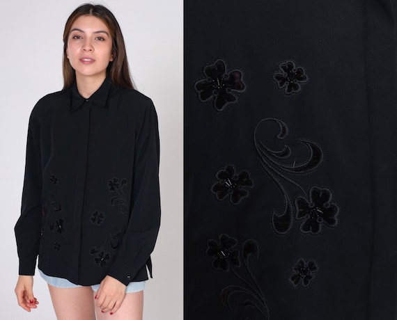 Beaded Floral Top 90s Black Velvet Trim Button Up Shirt Party Going Out Flower Applique Blouse Retro Long Sleeve Vintage 1990s Medium 10