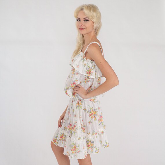 White Floral Dress 70s Mini Sundress Ruffle Blous… - image 5