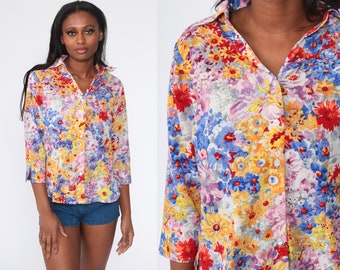 70s Floral Shirt Boho Shirt Notched Collar Disco Shirt Button Up Flower Print Bohemian Blouse 1970s Hippie Vintage Long Sleeve Medium