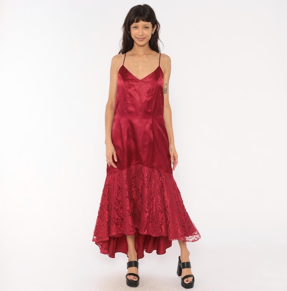Burgundy Satin Slip Dress 80s Lace Hem Maxi Gown Wine Spaghetti Strap V Neck Low Back Crimson  Evening Cocktail Mermaid Vintage Large L