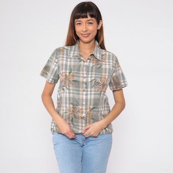 Plaid Floral Blouse Y2K Embroidered Top Button up Shirt Checkered Print Flower Embroidery Short Sleeve Summer Cotton Vintage 00s Medium M