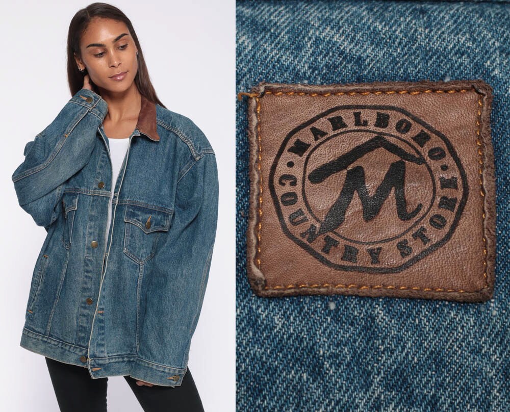 marlboro denim jacket leather collar