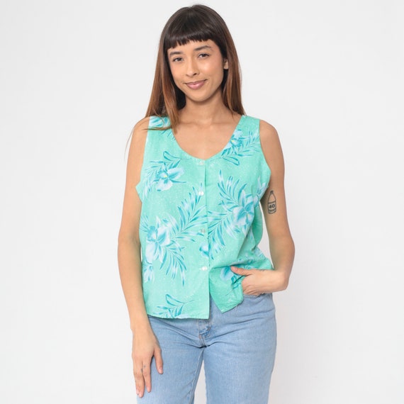 Tropical Floral Tank Top 80s Sleeveless Blouse Turquoise Green Button up Shirt Orchid Flower Leaf Print Hawaiian Summer Vintage 1980s Large