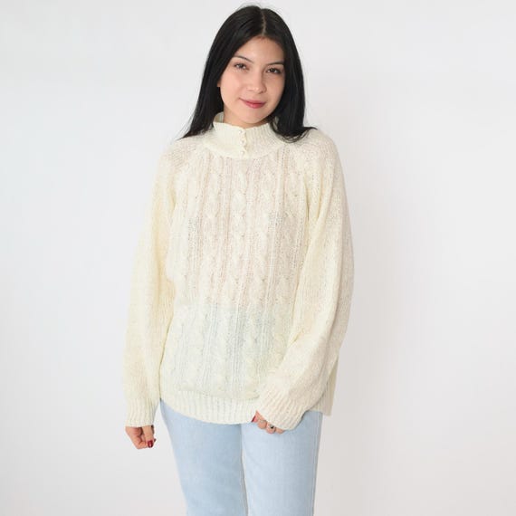 Vintage Sheer Cable Knit Sweater 80s Cream Pearl Button Mock Neck Sweater Slouchy Open Knit Boho Pullover Cableknit Retro 1980s Large L