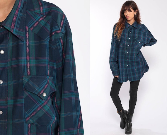 Blue Plaid Shirt 80s Pendleton Shirt DISTRESSED Western Shirt Pearl Snap Shirt Vintage Hipster Checkered Button Up Yoke 1980s Extra Large xl