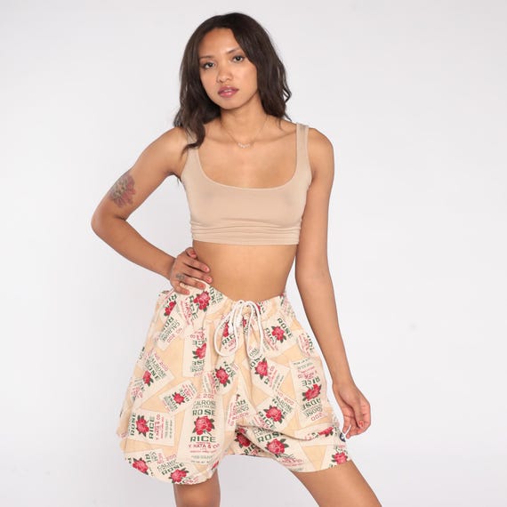 Rose Print Shorts 90s Hawaiian Rice Sack Upcycled Calrose Y Hata Honolulu Drawstring Waist Red Green Cream Beach Shorts Summer Medium M