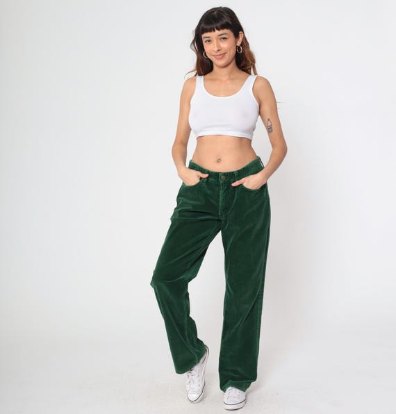 Green Corduroy Pants Y2K Ralph Lauren Polo Straight Leg High Waist Vintage Preppy Dark Academia Forest Green Collegiate Trousers Medium 32
