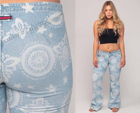 Y2K Bell Bottom Jeans TOMMY Hilfiger Jeans Hippie Pants Low Rise Jeans 90s Denim Geometric Boho Vintage Bohemian Blue Flared Medium 8 10