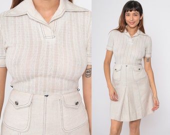 70s Mini Scooter Dress Light Beige Mod Pleat Front High Waisted Retro Vintage Semi-Sheer Cable Knit Short Sleeve 1970s Minidress Small 4