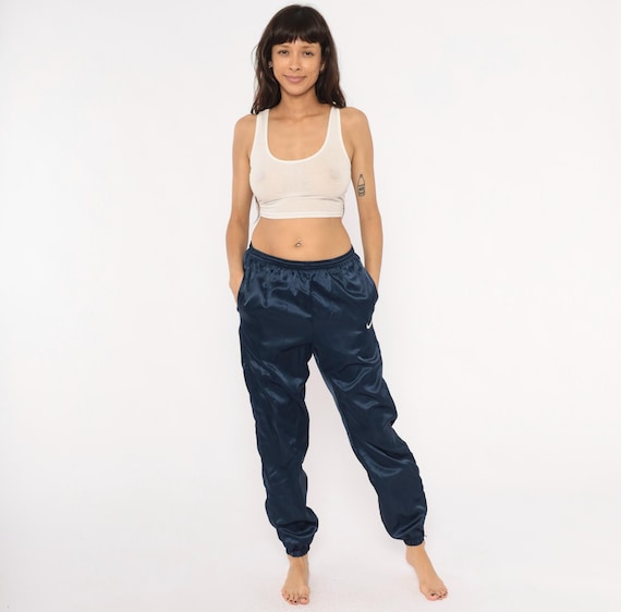 Navy Satin Nike Track Pants 90s Windbreaker Joggers Elastic Waist Athletic Swoosh Logo Dark Blue Vintage Tracksuit Bottoms Trousers Small S