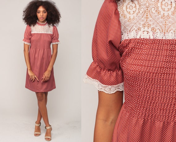 Babydoll Dress 70s Mini BIB Lace Dress 60s Mod Dress Puff Sleeve Rust Polka Dot Boho Dolly Lolita Bohemian Victorian Vintage Small Medium