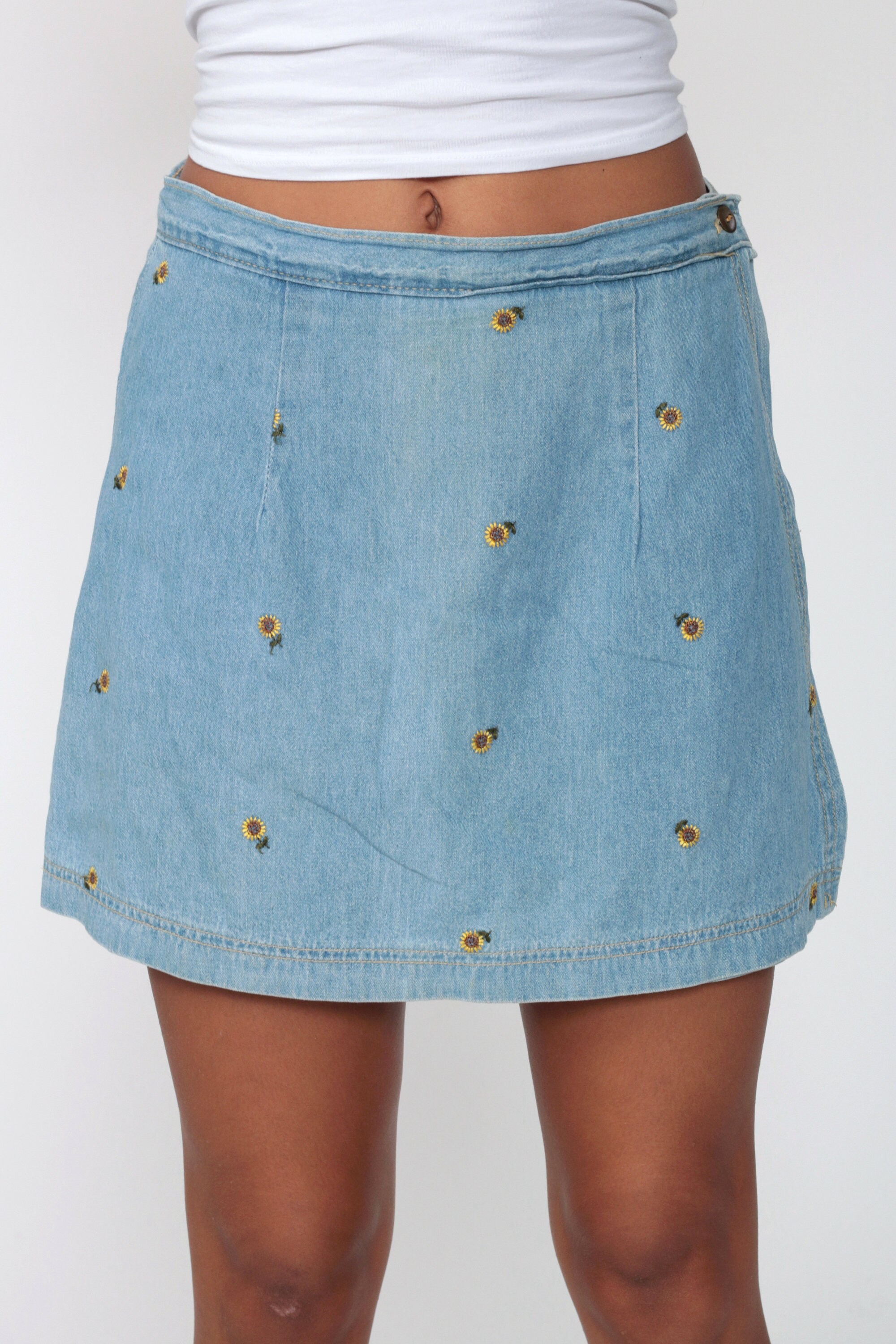 Denim Mini Skirt Jean SKORT 90s SUNFLOWER Embroidered Skirt High Waisted Floral Print Grunge 