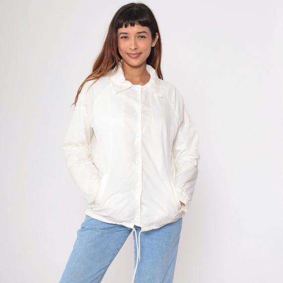 Vintage White Windbreaker Jacket 80s Snap Up Baseball Jacket Windbreaker Retro Raglan Sleeve Plain Normcore 1980s Sports Medium