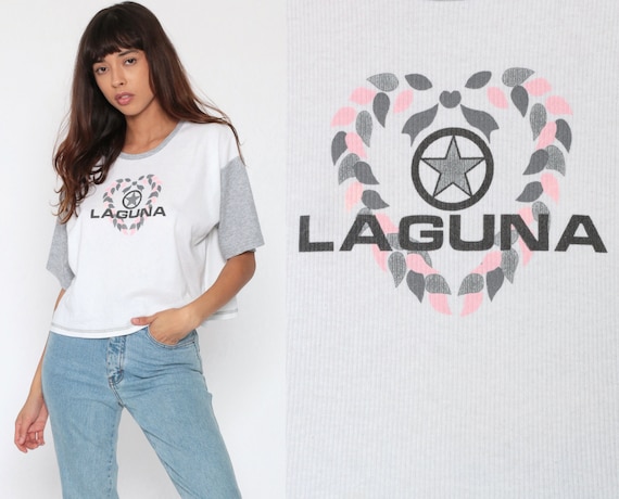 90s Crop Top LAGUNA T Shirt Color Block Grey White TShirt 1990s Streetwear Retro Tee Short Sleeve Vintage Cotton Poly Cropped Top Medium