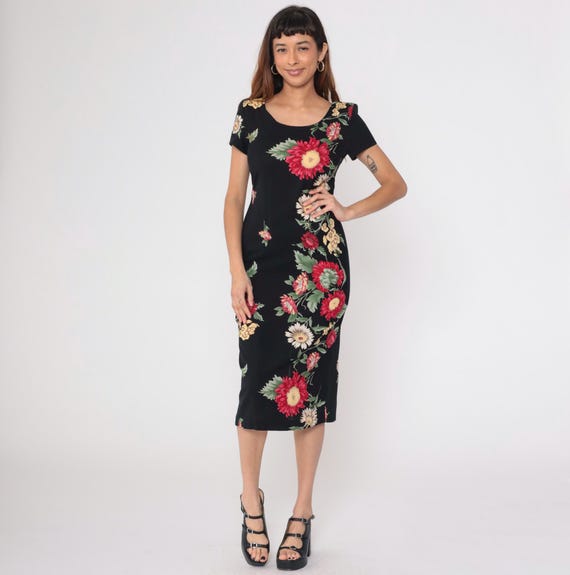 90s Floral Dress Black Graphic Dress Bohemian Grunge Dress Boho Midi Pink Green Yellow 1990s Vintage Sheath Short Sleeve Small 6 Petite