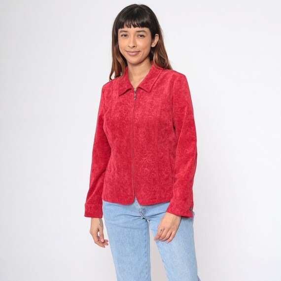 Red Corduroy Jacket 90s Embossed Baroque Scroll Zip Up Jacket 1990s Vintage Rococo Inspired Swirl Jacket Full Zipper Pocket Medium