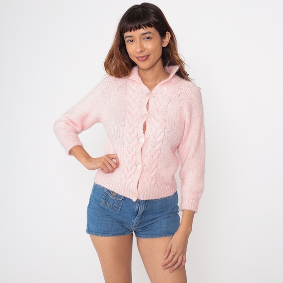 Pink Cardigan Sweater 80s Vintage Cable Knit Button Up Fuzzy Pastel Crop Short Sleeve Soft Acrylic Knitted Coquette Cottagecore Small S