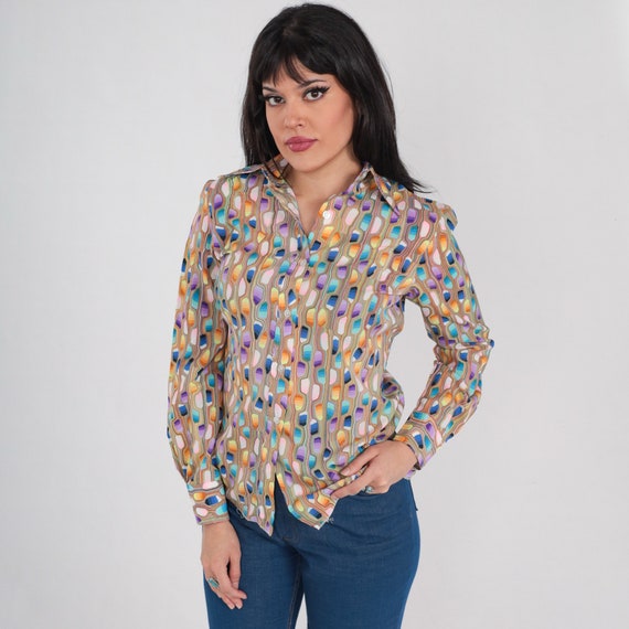 70s Disco Shirt Abstract Print Button up Top Retro Colorful Groovy Psychedelic Blouse Long Sleeve Purple Blue Yellow Vintage 1970s Small S