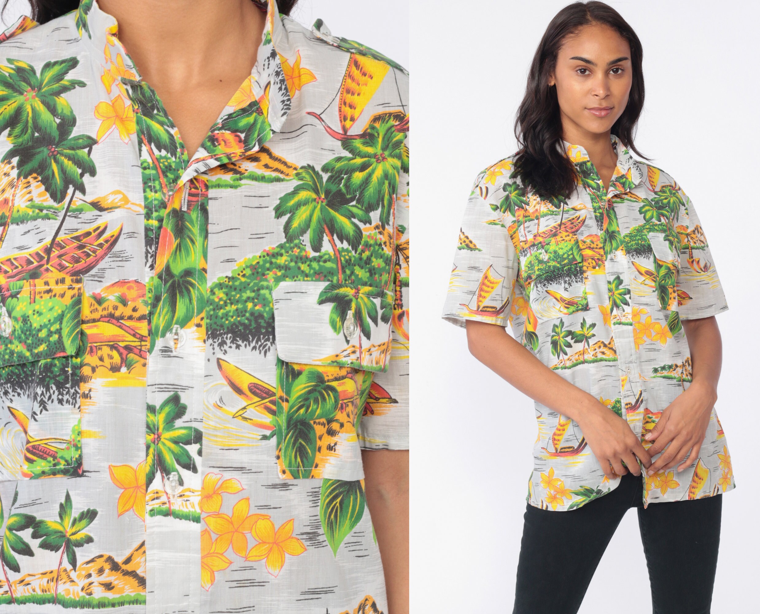 70s Hawaiian Shirt PALM TREE Blouse 