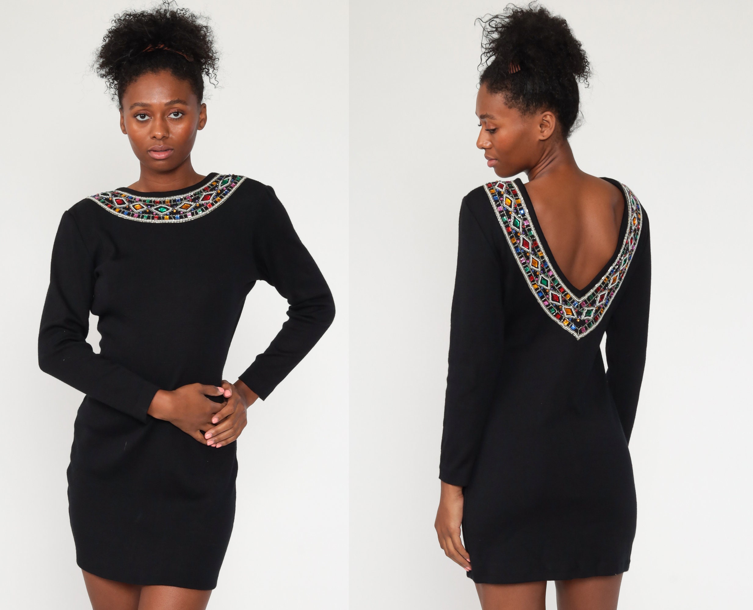 90s Black Wool Dress Beaded Party Dress 