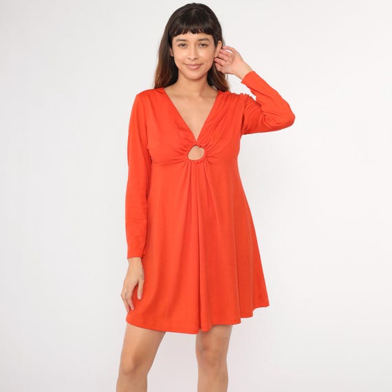 Vintage 70s Babydoll Dress Keyhole Chest Mod Mini Empire Waist Dress Grecian Party Orange Cut Out 1970s Gogo Twiggy Long sleeve Medium