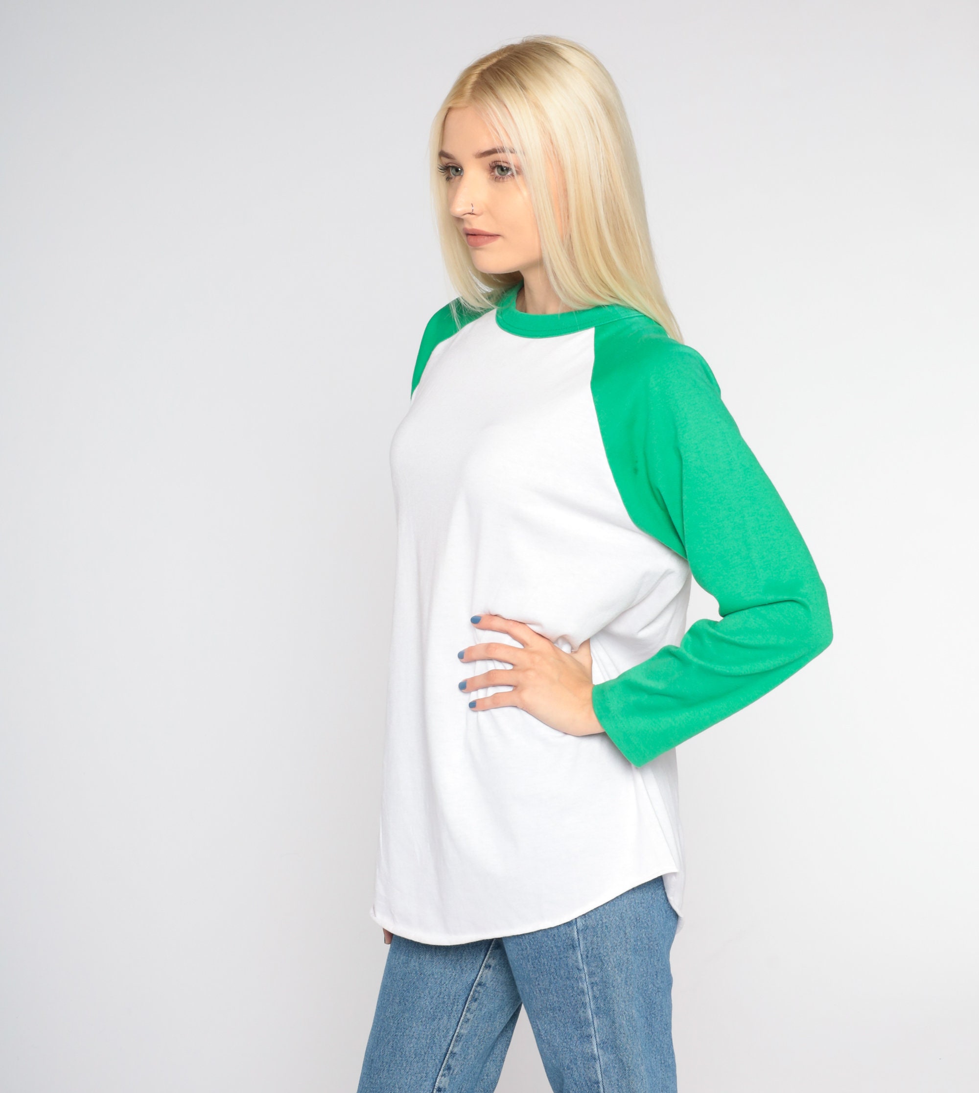 Vintage Baseball Tee 80s White Green Ringer Tshirt Retro Raglan TShirt