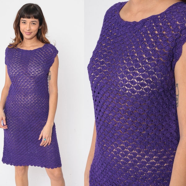 Sheer Crochet Dress Purple 70s Boho Dress Mini Knit Sweater Dress Vintage Cut Out Scalloped Cap Sleeve Dress Bohemian Shift Minidress Small