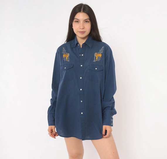 Embroidered Western Shirt 90s Blue Snap Button Cowboy Saddle Stitched Cotton Pearl Front Long Sleeve Country Ranch Blair Mens Medium M