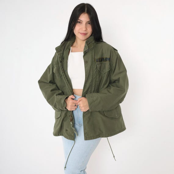 Vintage US Air Force Jacket 90s OG-107 Military Green Utility Coat Zip Front Epaulettes Field Cotton 1990s Army Style Small Extra-Short