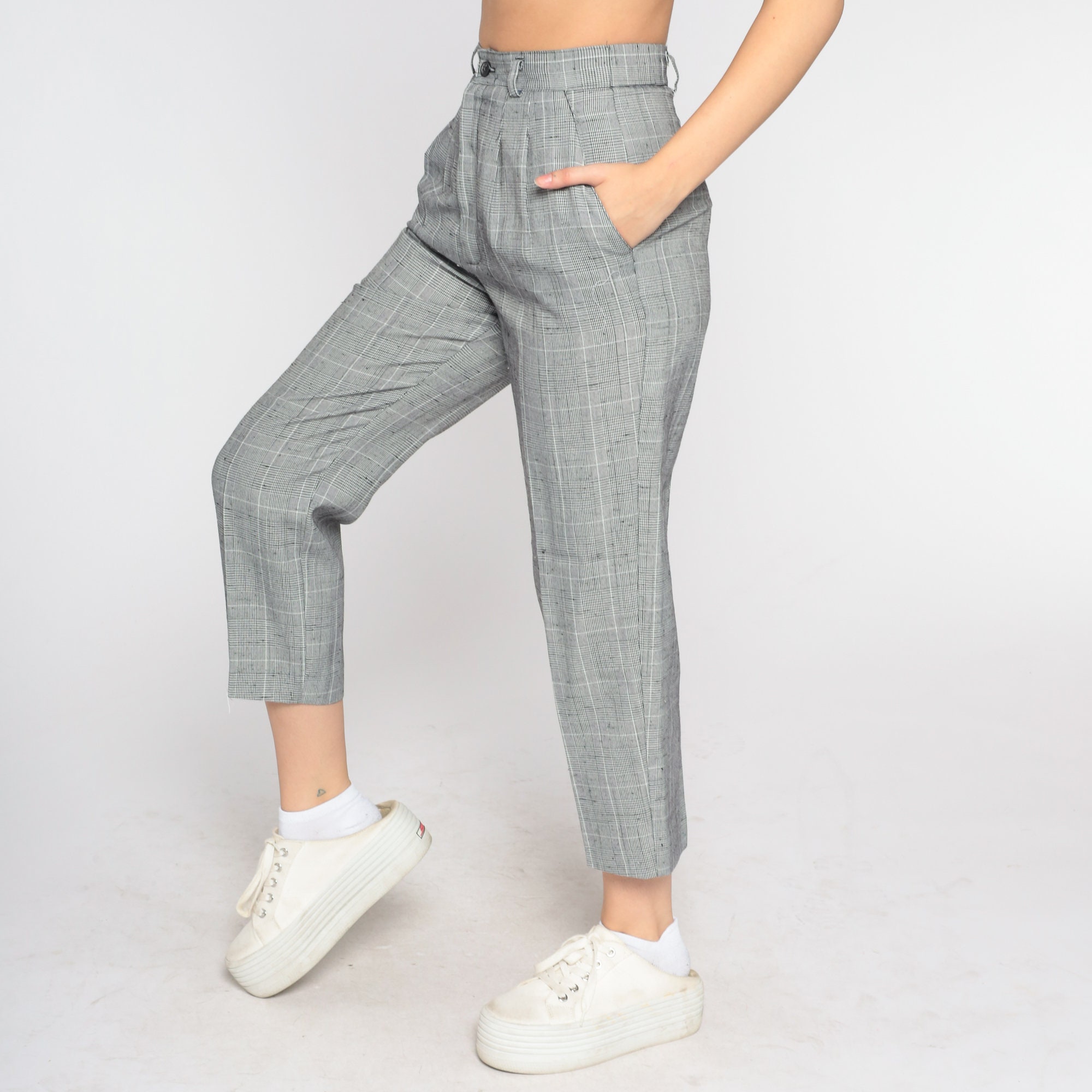 Grey Checkered Trousers 90s Tapered Ankle Pants Plaid High Waisted Rise ...