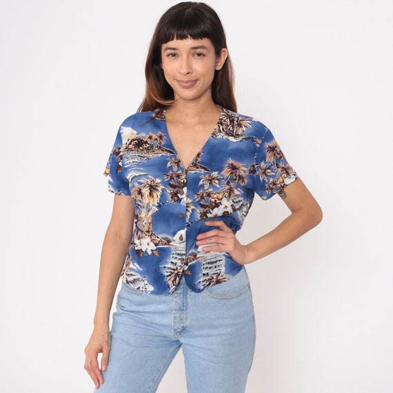 Blue Hawaiian Shirt Y2k Ukulele Tropical Button U… - image 2