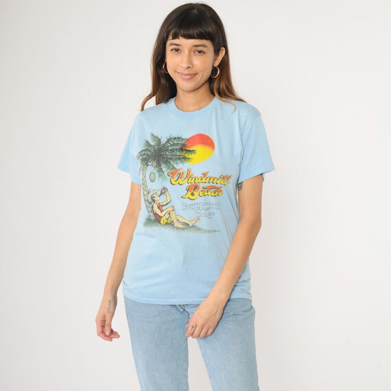 80s Guantanamo Bay Cuba T-Shirt Windmill Beach Souvenir Tropical Graphic Tee Tourist Travel Single Stitch Baby Blue Vintage 1980s Small