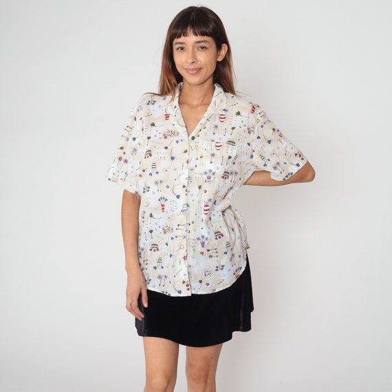 Gardening Shirt 90s Button up Blouse Floral Flower Pot Print Top Short Sleeve Collared Summer Hippie Boho Vintage 1990s Beige Large L