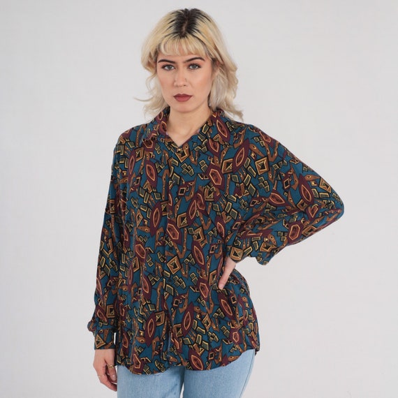 Vintage 90s Button Up Shirt Abstract Print Shirt Retro Long Sleeve Geometric Pattern Statement Psychedelic Blue Brown Multicolor 1990s Large