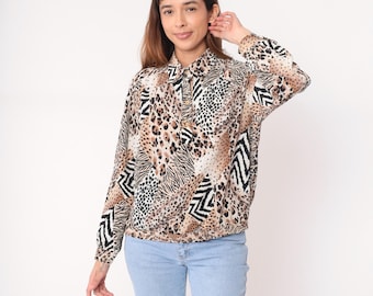 Animal Print Blouse 90s Leopard Zebra Safari Long Sleeve Collar Shirt Top Brown Black White Tan Spotted Abstract Pattern Vintage Medium M