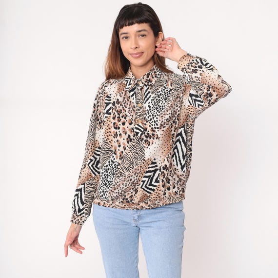 Animal Print Blouse 90s Leopard Zebra Safari Long Sleeve Collar Shirt Top Brown Black White Tan Spotted Abstract Pattern Vintage Medium M
