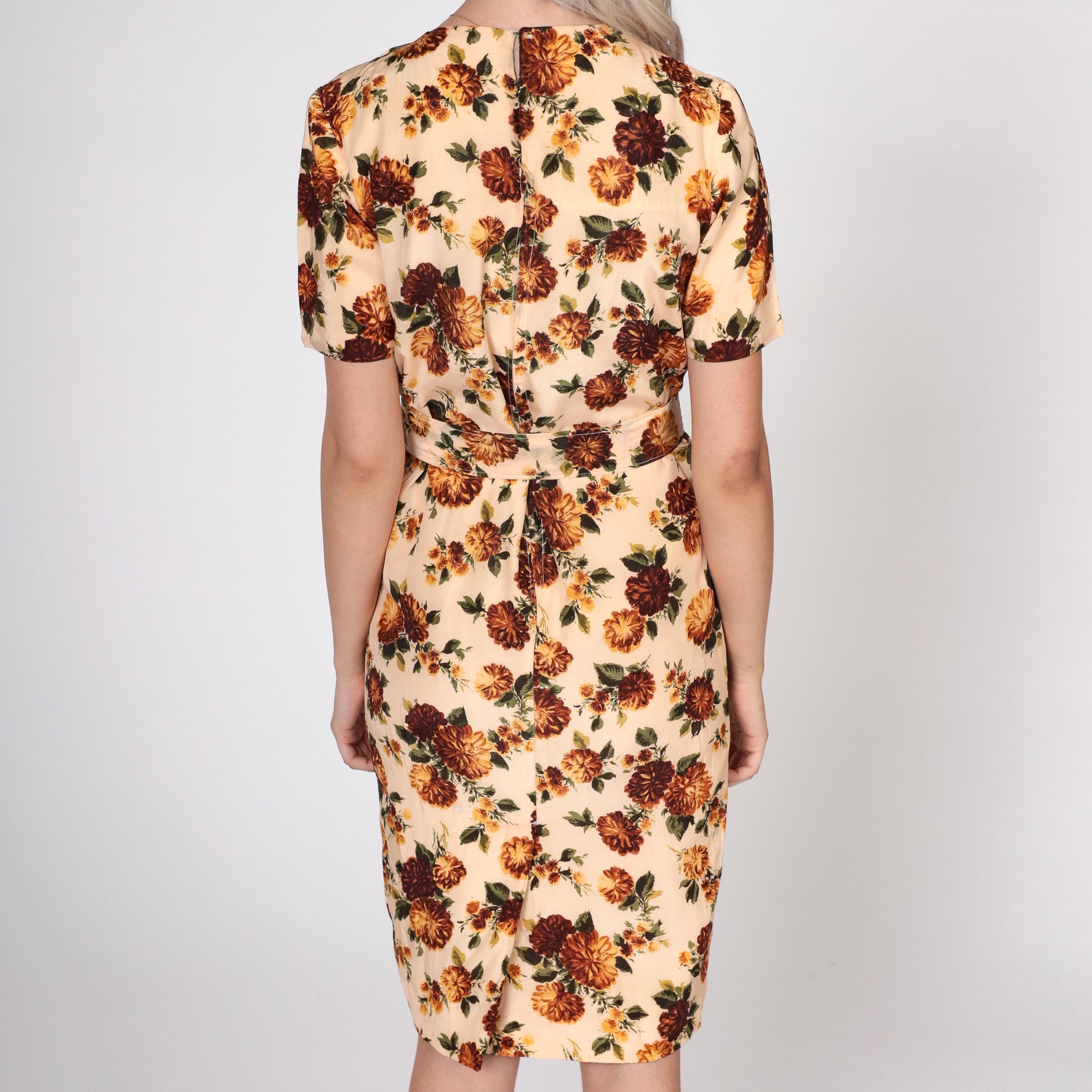 60s Floral Dress Midi Peach Brown Flower Print Mod Sheath Day Dress ...