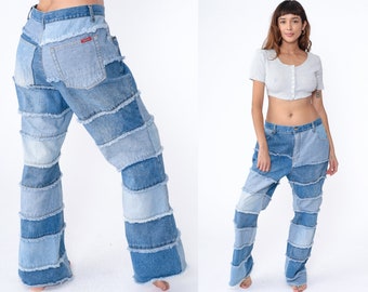 Y2K Patchwork Jeans Flared Hippie Pants Denim Color Block Bell Bottoms Boho Hippie Vintage Bohemian Blue 00s Zana Di Extra Large xl 20