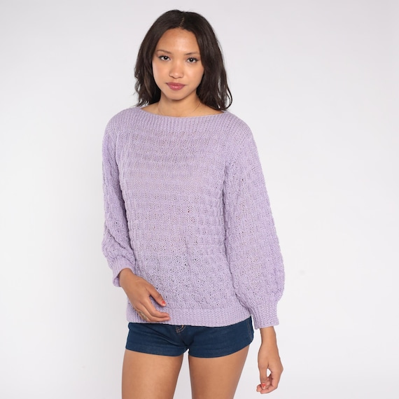 Lavender Knit Sweater 80s Loose Weave Pullover Lightweight Ribbed Trim Crew Neck Textured Knit Pastel Minimal Classic Spring Medium M