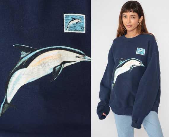 Dolphin Sweatshirt 90s Navy Blue Crewneck Sweater Postage Stamp Ocean Animal Graphic Shirt Wildlife Under The Sea Vintage 1990s Lee 2xl xxl