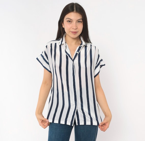 Navy Striped Blouse 80s White Button Front Camp Short Sleeve Top Stripe Summer Vacation Preppy Collegiate Nautical Vintage Womens Medium M