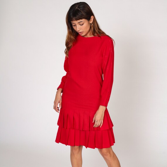 Red Scooter Dress 90s Does 60s Mod Mini Dress Low Drop Waist Pleated Tiered Shift Long Sleeve Minidress Retro Simple Vintage 1990s Small S
