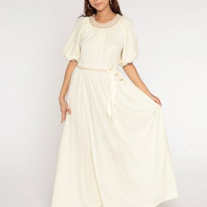 Long Cream Dress 70s Maxi Dress Crochet Trim GRECIAN Goddess Party Boho Hippie Disco Cocktail High Waist Vintage 1970s Short Sleeve Small