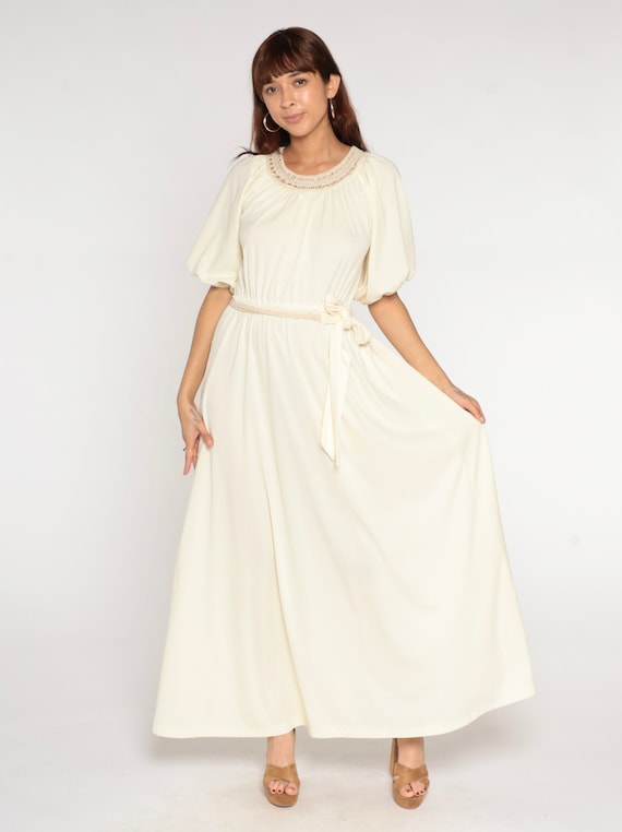 Long Cream Dress 70s Maxi Dress Crochet Trim GRECIAN Goddess Party Boho Hippie Disco Cocktail High Waist Vintage 1970s Short Sleeve Small