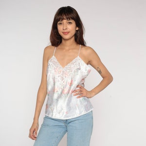 Floral Camisole Y2k Lingerie Tank Top Lace Trim Cami Flower Dot Print Sleeveless Blouse Romantic Sleep Shirt Sexy Shiny Vintage 00s Large L