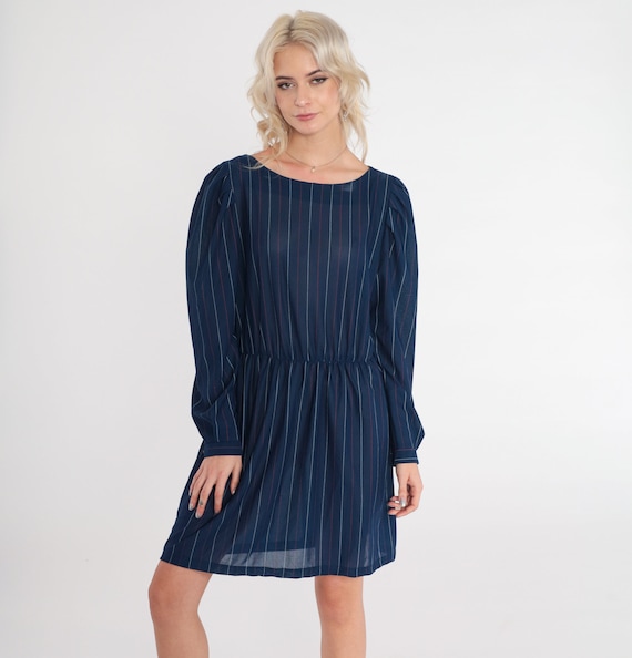 Navy Blue Striped Dress 70s Mini Dress Long Puff Sleeve High Waisted White Pinstripe Print Secretary Dress Retro Vintage 1970s Small Medium